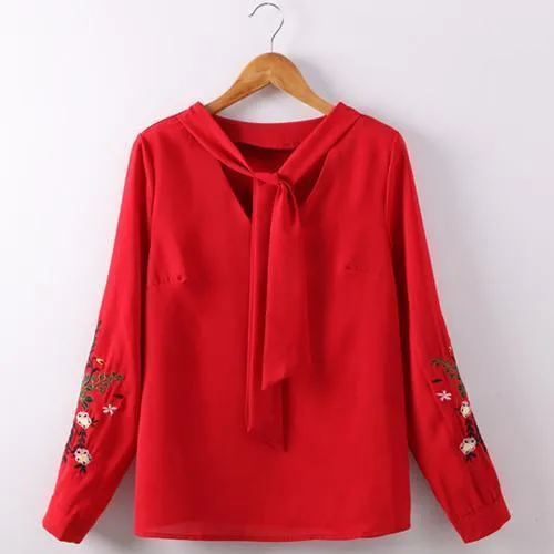 Floral Embroidery Bow Tie Blouse