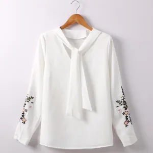 Floral Embroidery Bow Tie Blouse
