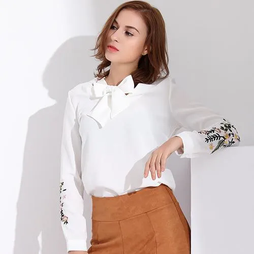 Floral Embroidery Bow Tie Blouse