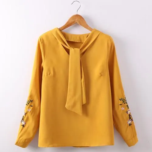 Floral Embroidery Bow Tie Blouse