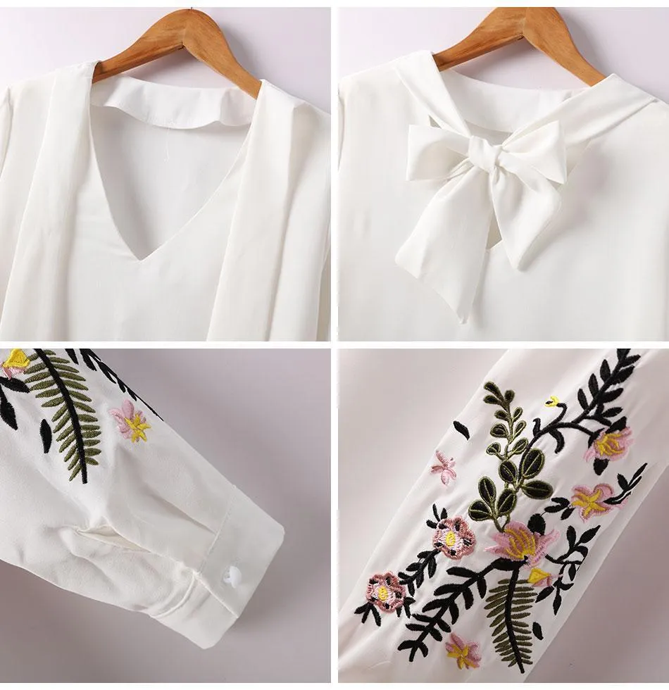 Floral Embroidery Bow Tie Blouse