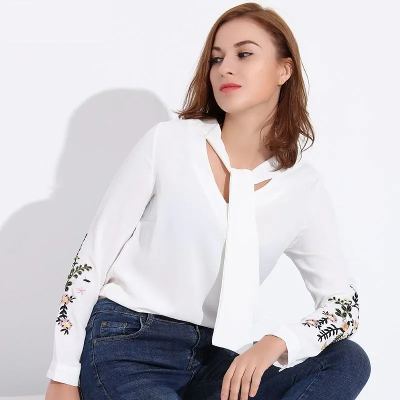 Floral Embroidery Bow Tie Blouse