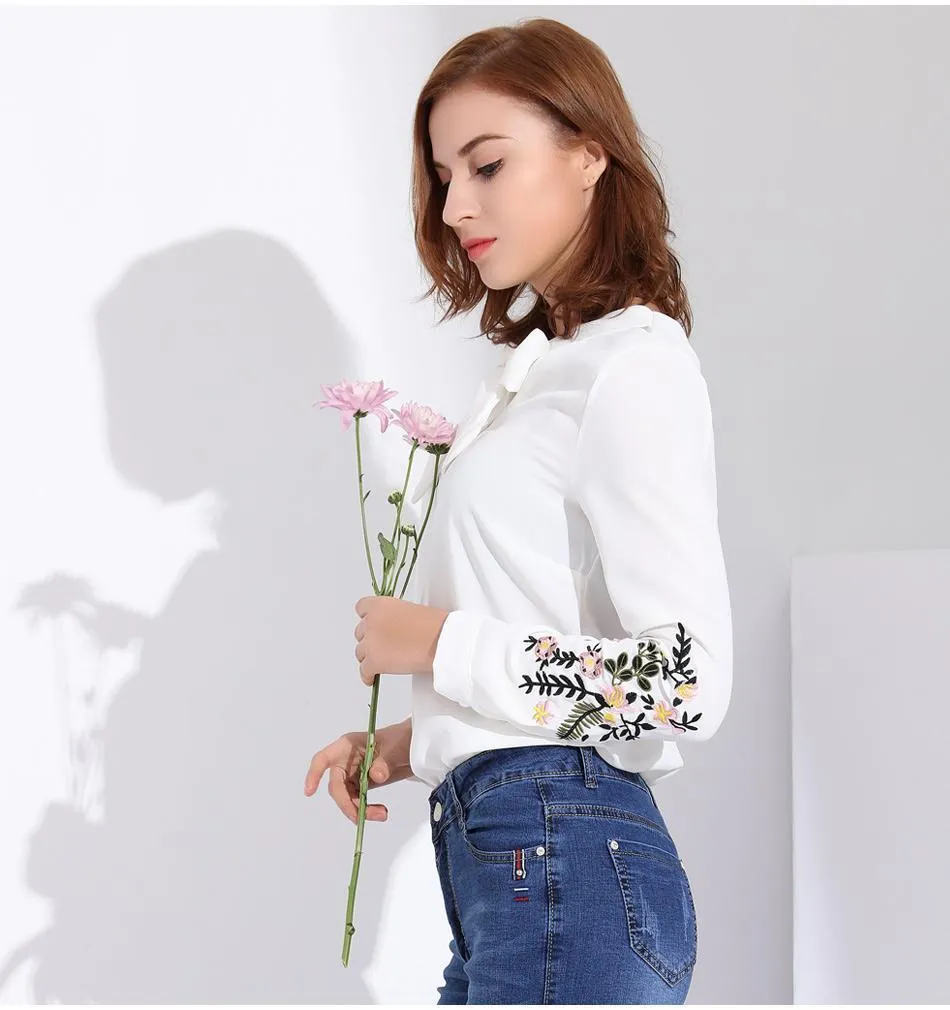 Floral Embroidery Bow Tie Blouse