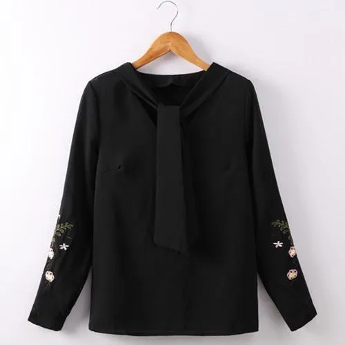 Floral Embroidery Bow Tie Blouse