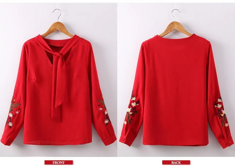 Floral Embroidery Bow Tie Blouse