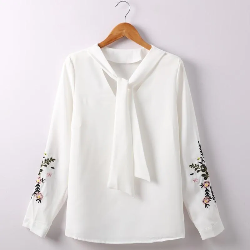 Floral Embroidery Bow Tie Blouse