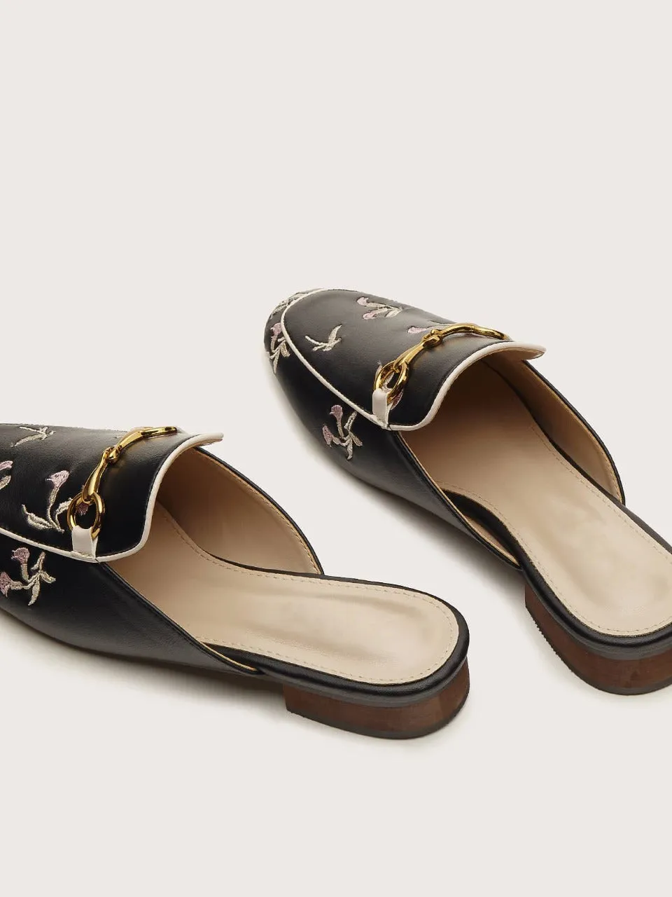 Floral Embroidery Loafer Mules - Black - FD ⚡