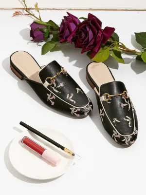 Floral Embroidery Loafer Mules - Black - FD ⚡