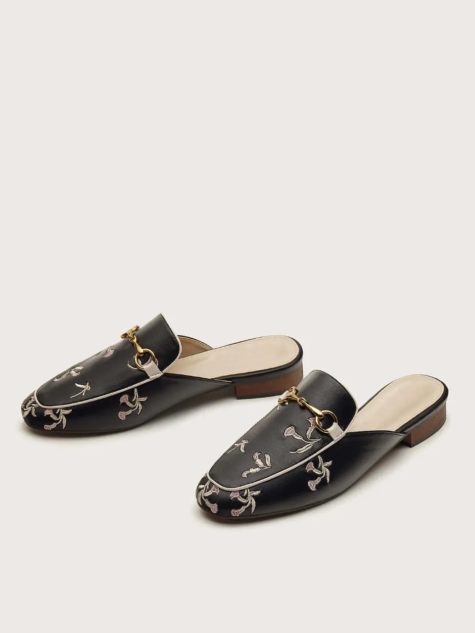 Floral Embroidery Loafer Mules - Black - FD ⚡