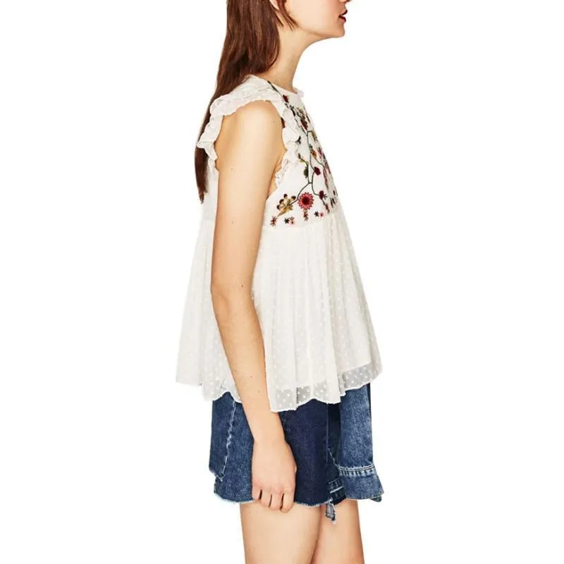 Floral Embroidery Seersucker Blouse