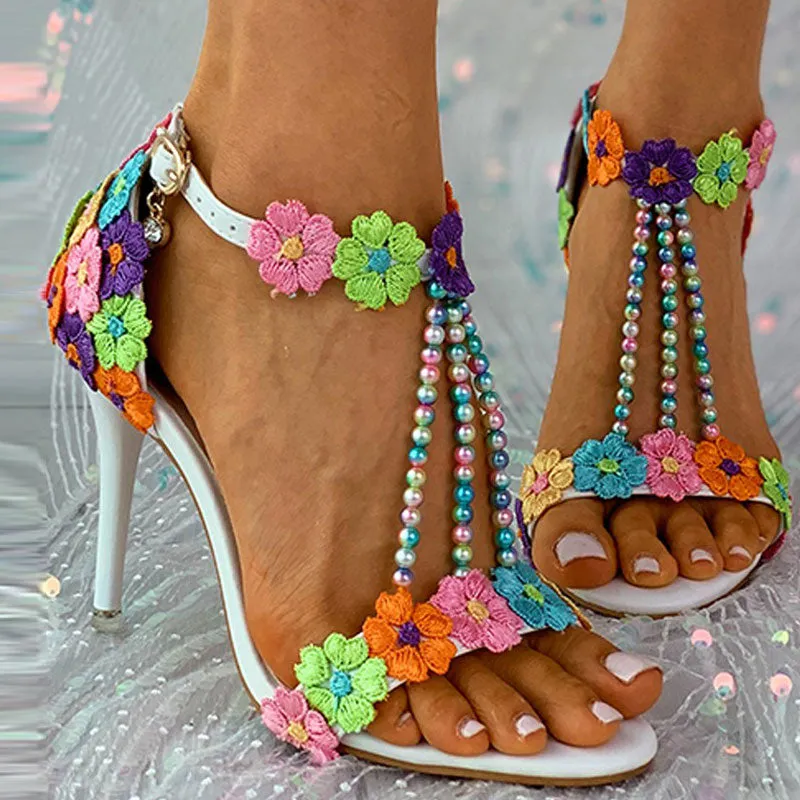 Floral Pattern Lace Beaded Colorful Thin Heels