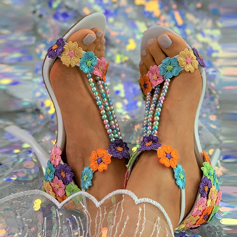 Floral Pattern Lace Beaded Colorful Thin Heels