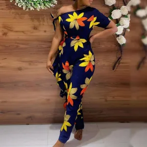 Floral Print Oblique Shoulder Jumpsuit