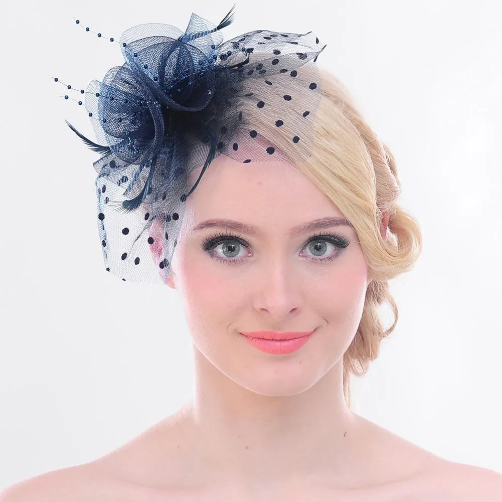Flower Mesh Bow Feather Wedding Fascinator Dot Veil Hair Clip