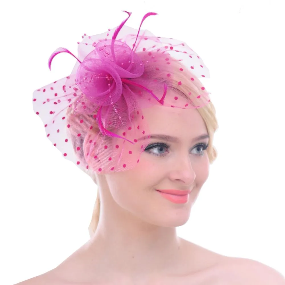 Flower Mesh Bow Feather Wedding Fascinator Dot Veil Hair Clip