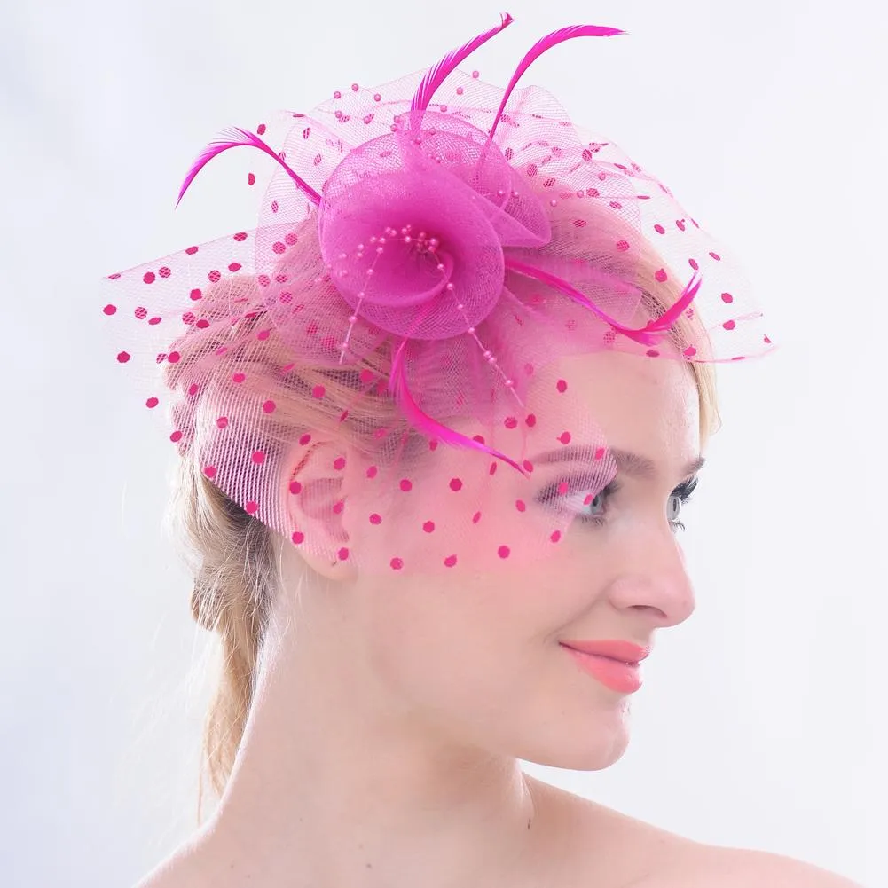 Flower Mesh Bow Feather Wedding Fascinator Dot Veil Hair Clip