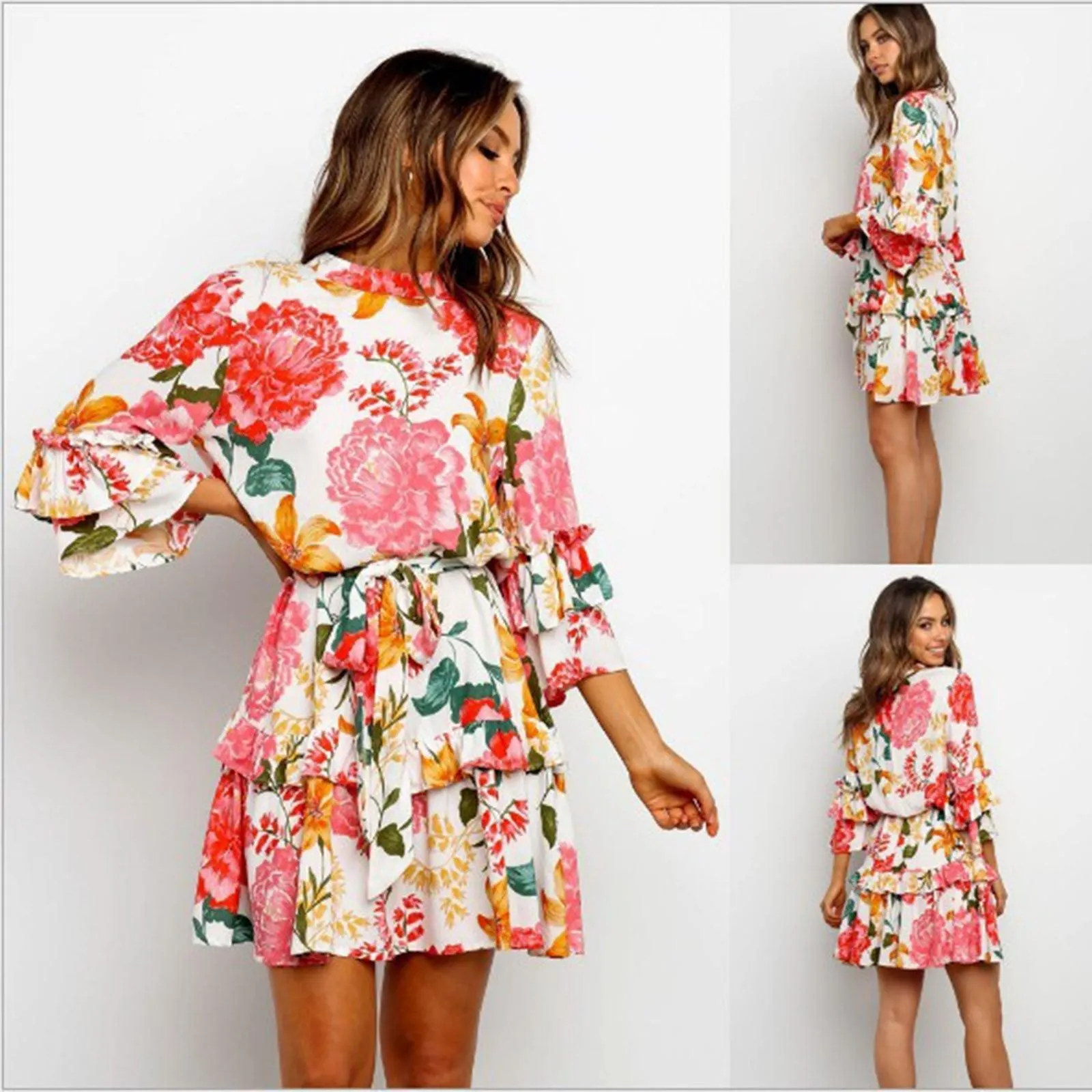 Flower Print Dress  3/4 Sleeve Casual Sundress