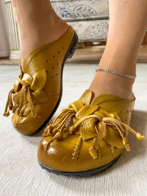 Flower Tassel Perforated Accent Leather Mules - Yellow