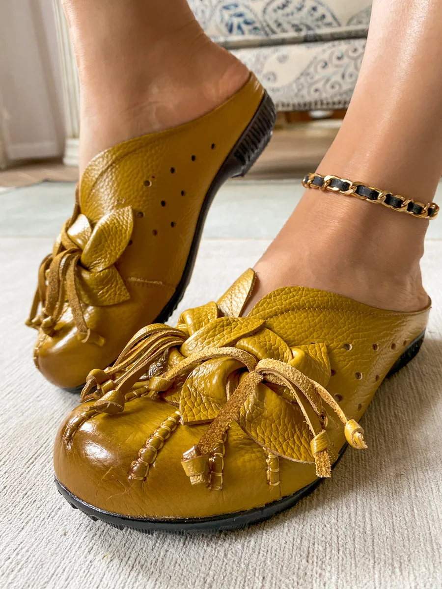 Flower Tassel Perforated Accent Leather Mules - Yellow