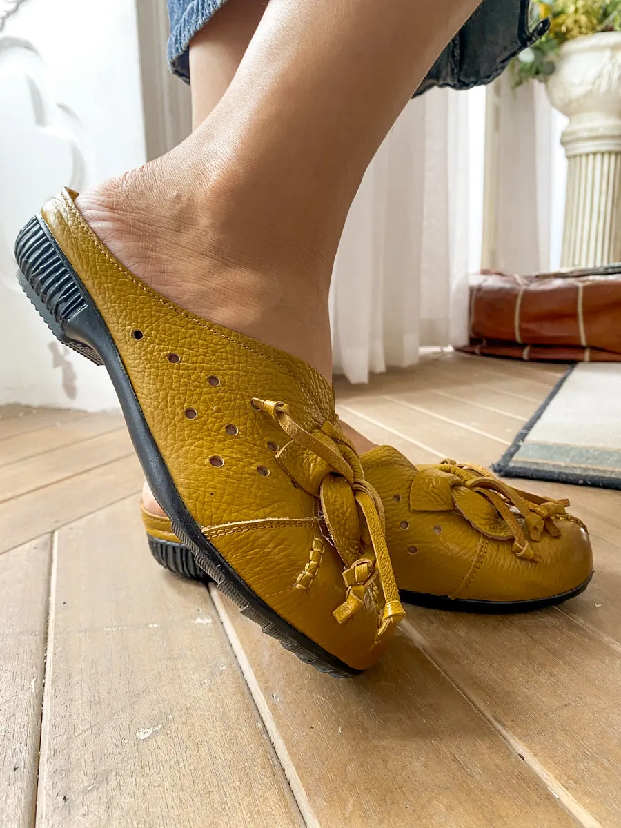 Flower Tassel Perforated Accent Leather Mules - Yellow