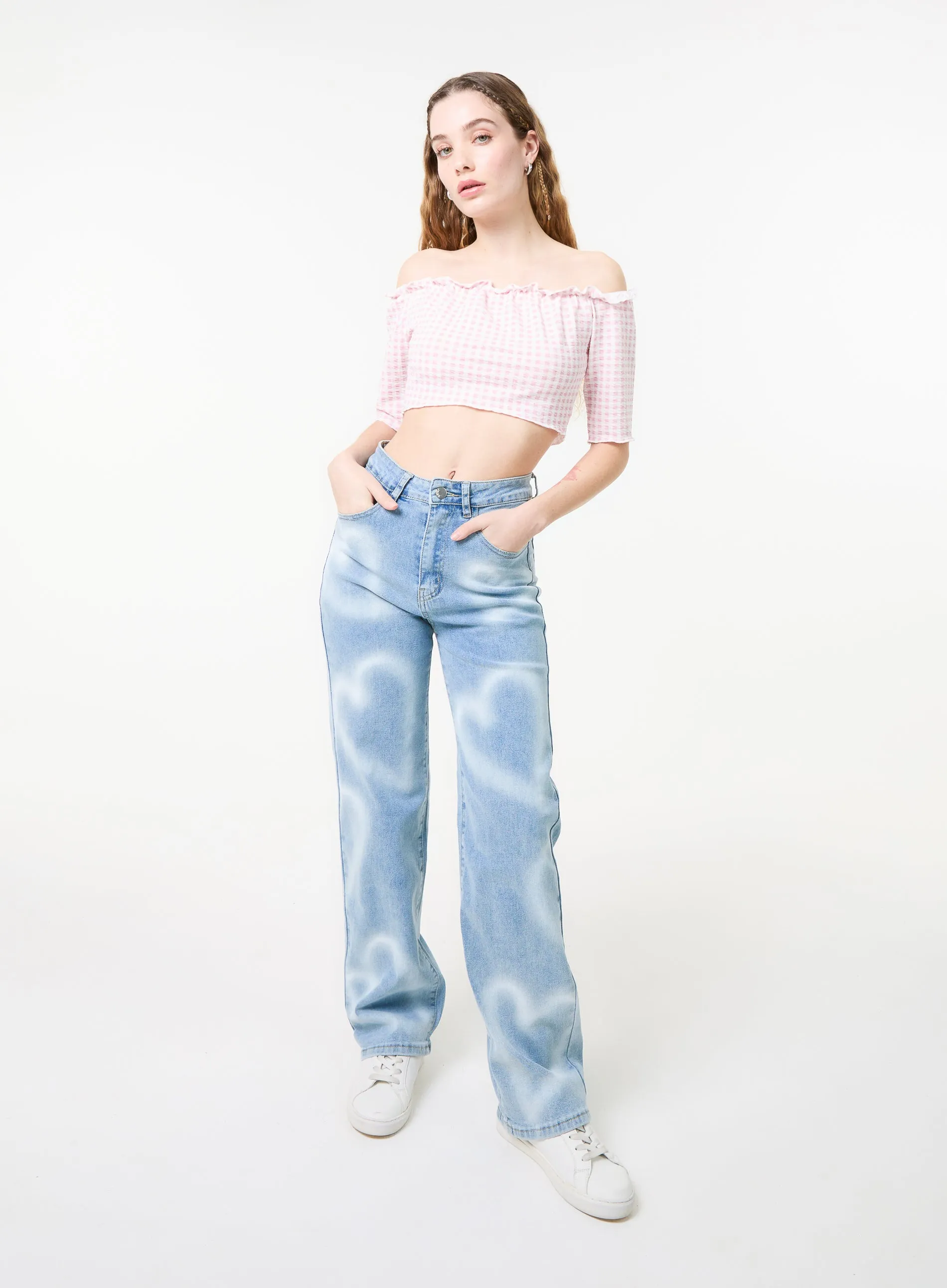 Frill Detail Gingham Bardot Top