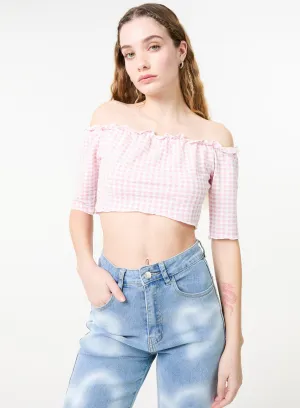 Frill Detail Gingham Bardot Top