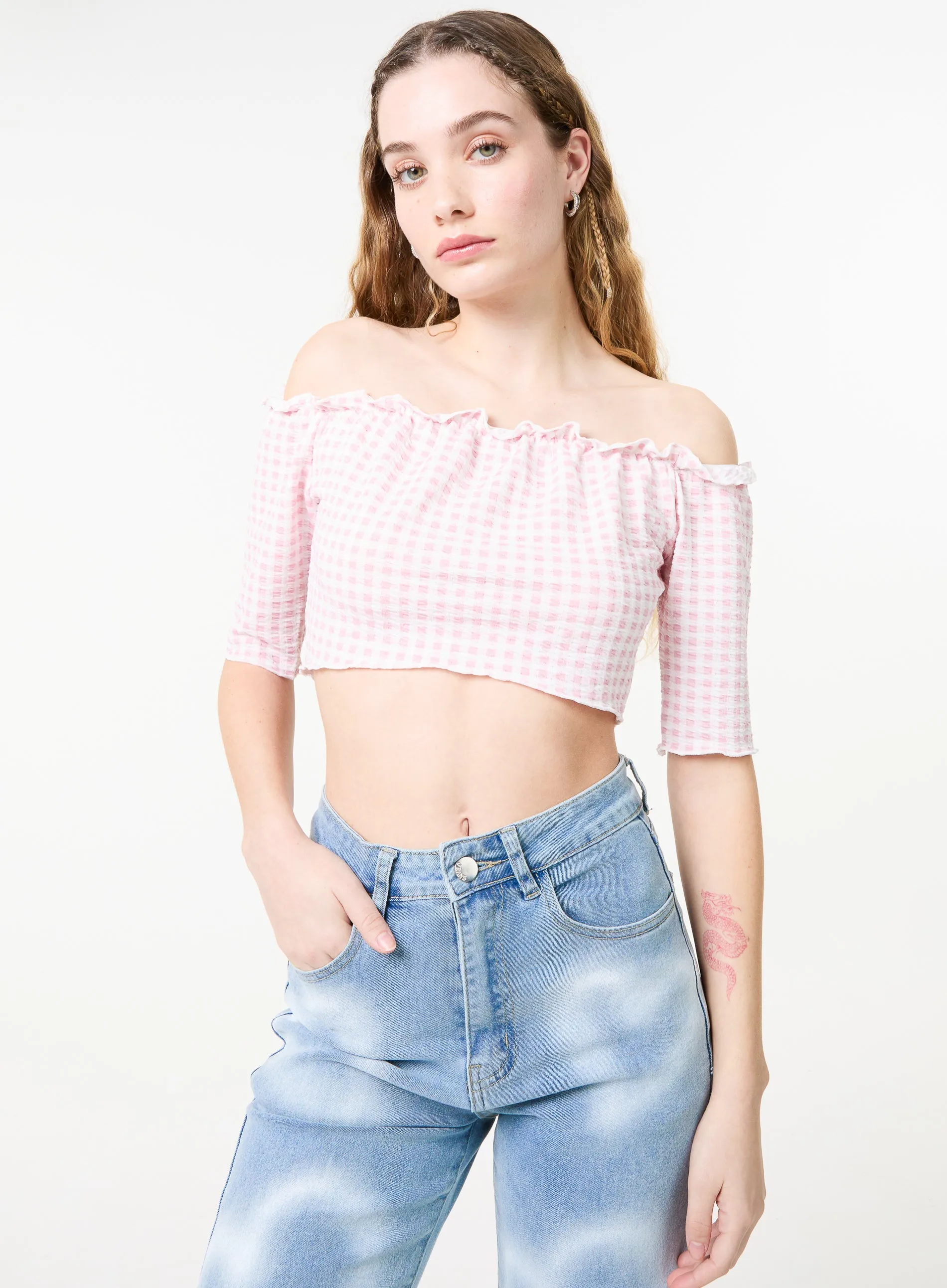 Frill Detail Gingham Bardot Top