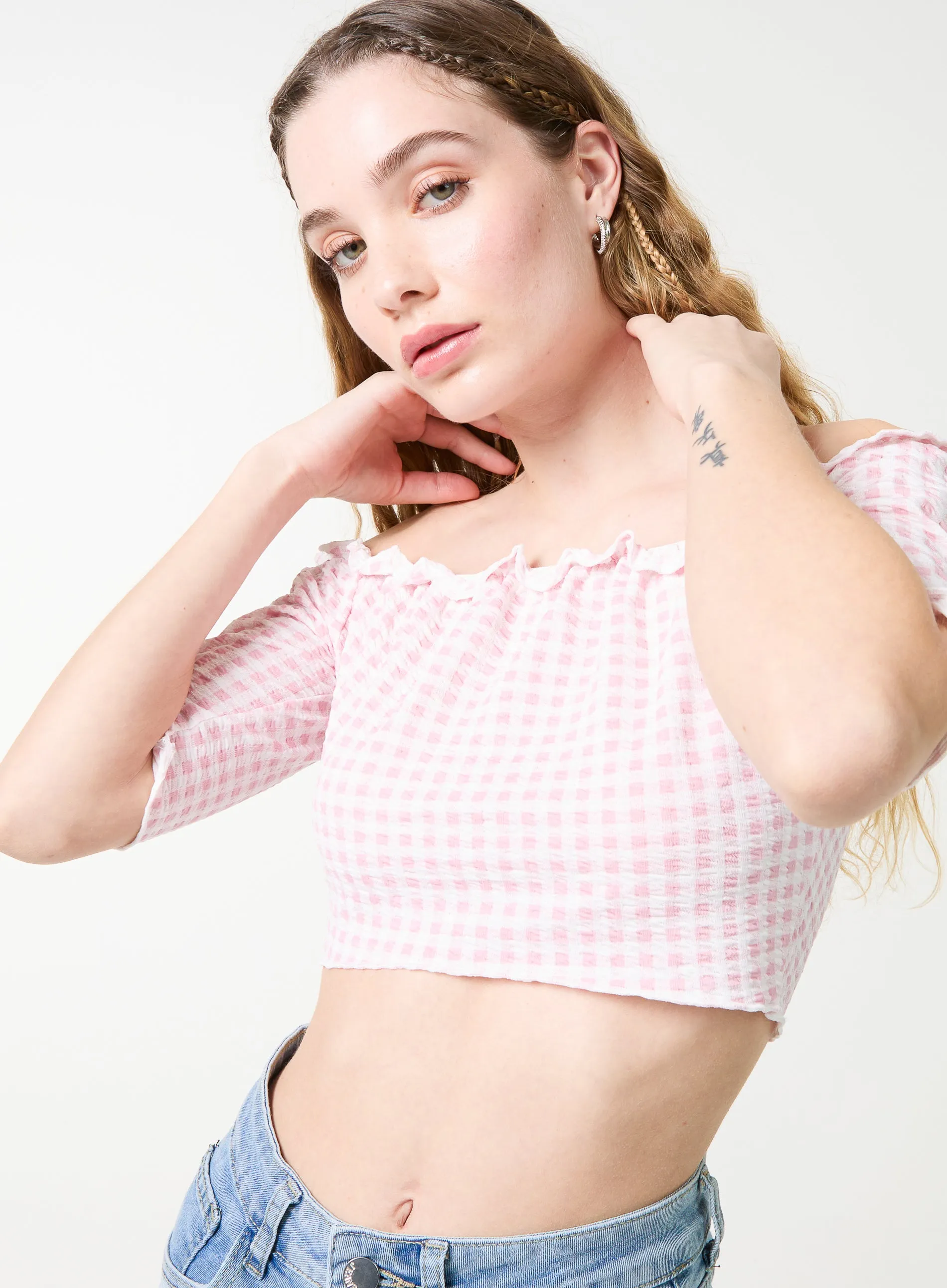 Frill Detail Gingham Bardot Top