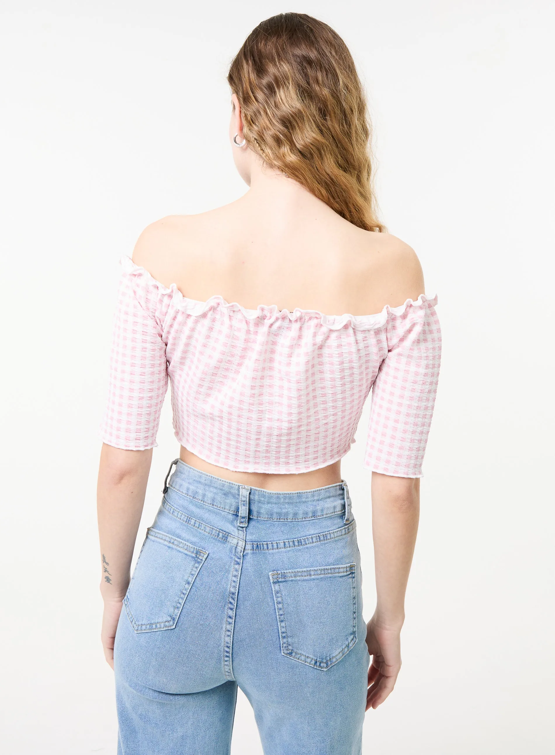 Frill Detail Gingham Bardot Top