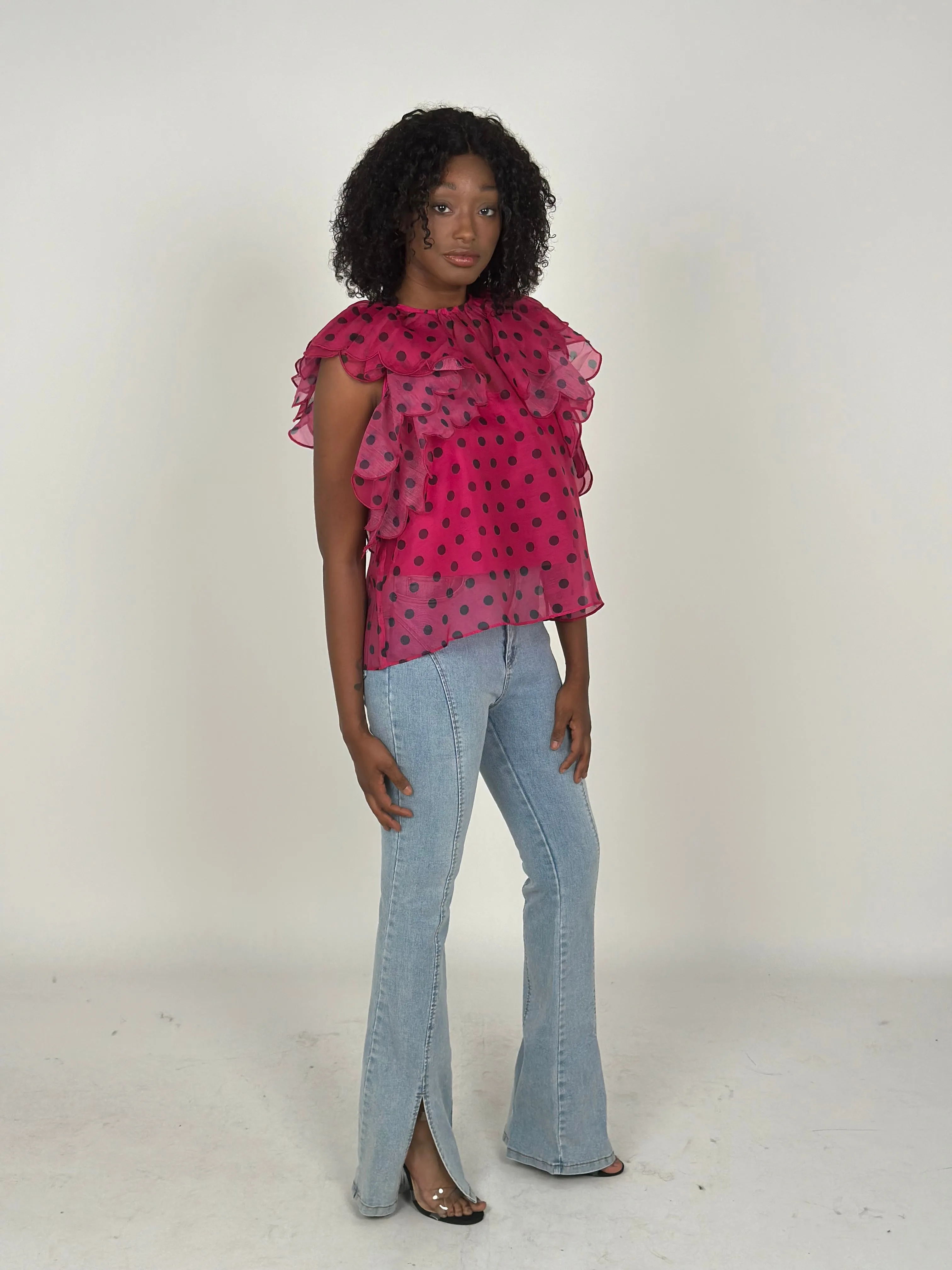 Fuchsia Polka Dot Ruffle Top
