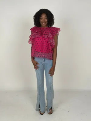 Fuchsia Polka Dot Ruffle Top