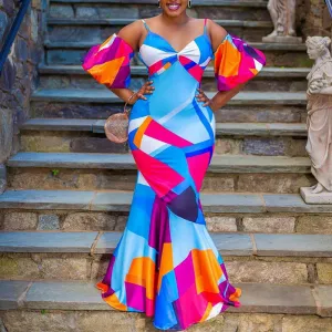 Geometric Print Cold Shoulder Maxi Dress