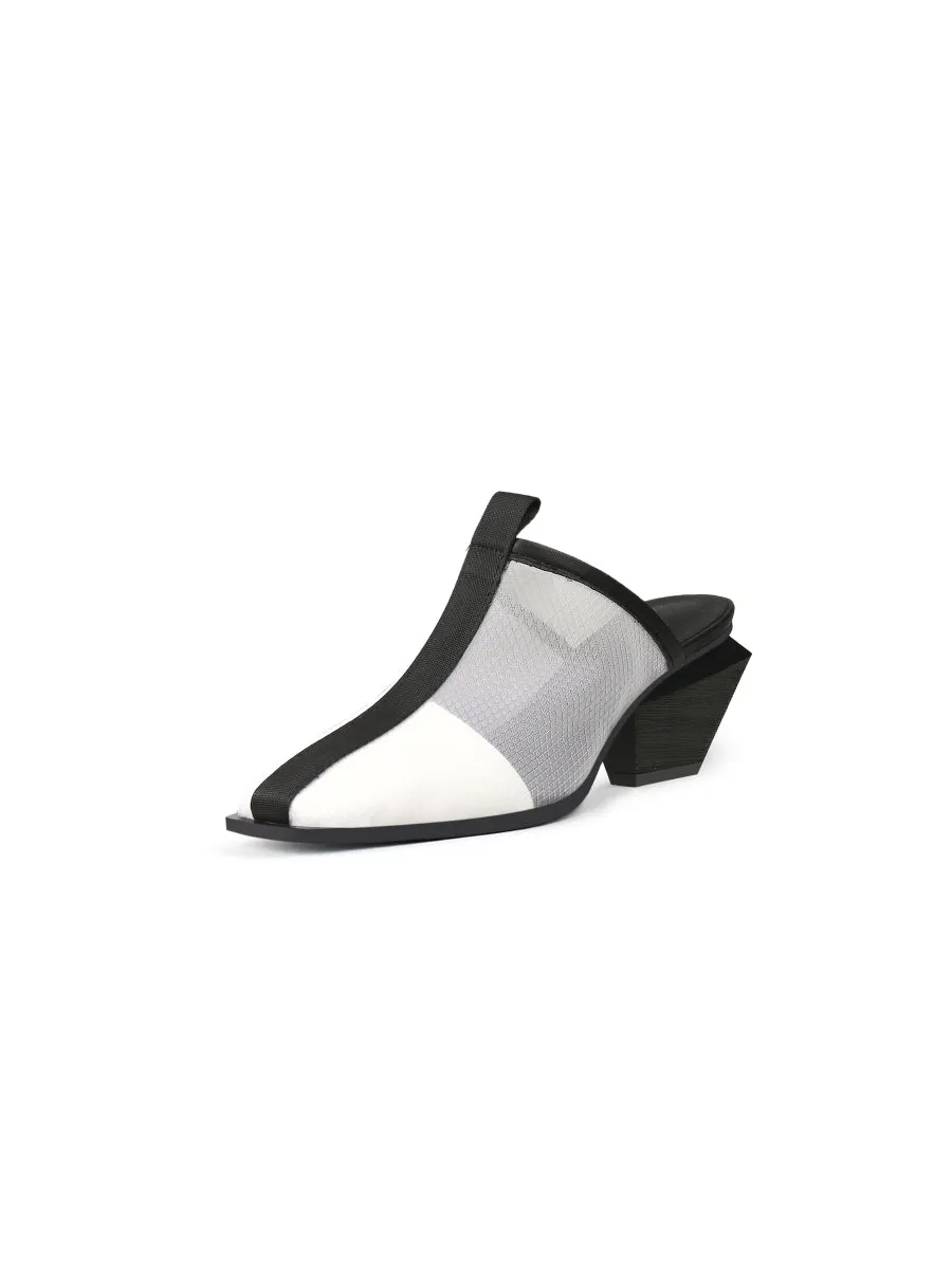 Geometry Block Point Toe Mid Heel Mules - Cream
