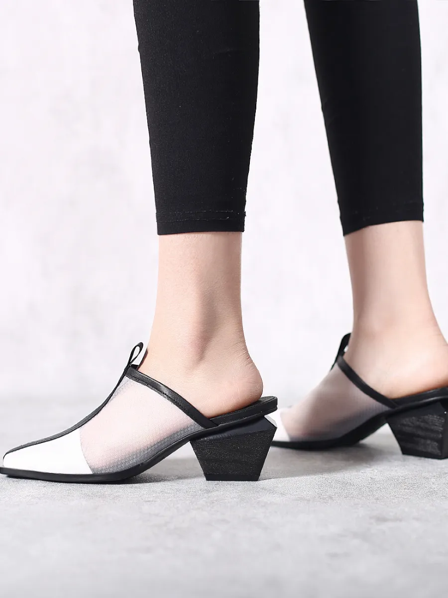 Geometry Block Point Toe Mid Heel Mules - Cream