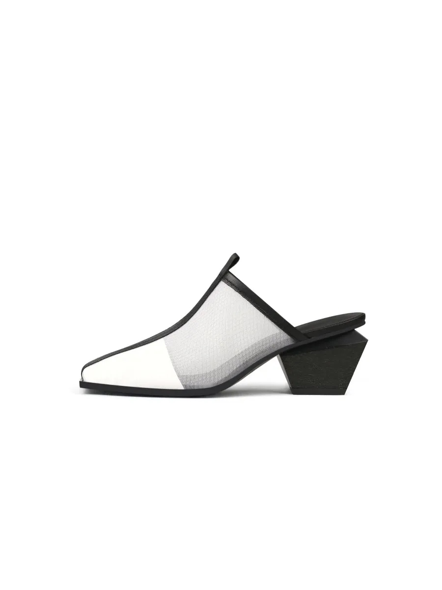 Geometry Block Point Toe Mid Heel Mules - Cream