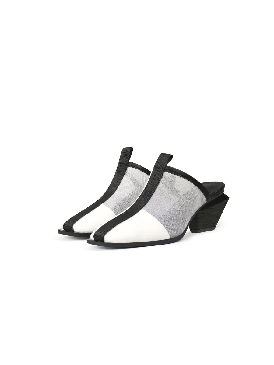 Geometry Block Point Toe Mid Heel Mules - Cream