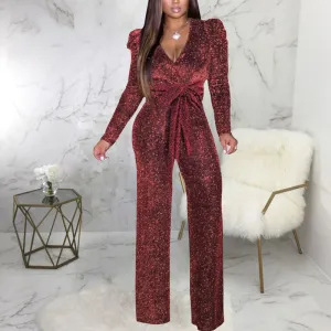 Glitter V-Neck Long Sleeeve Straight Leg Jumpsuit