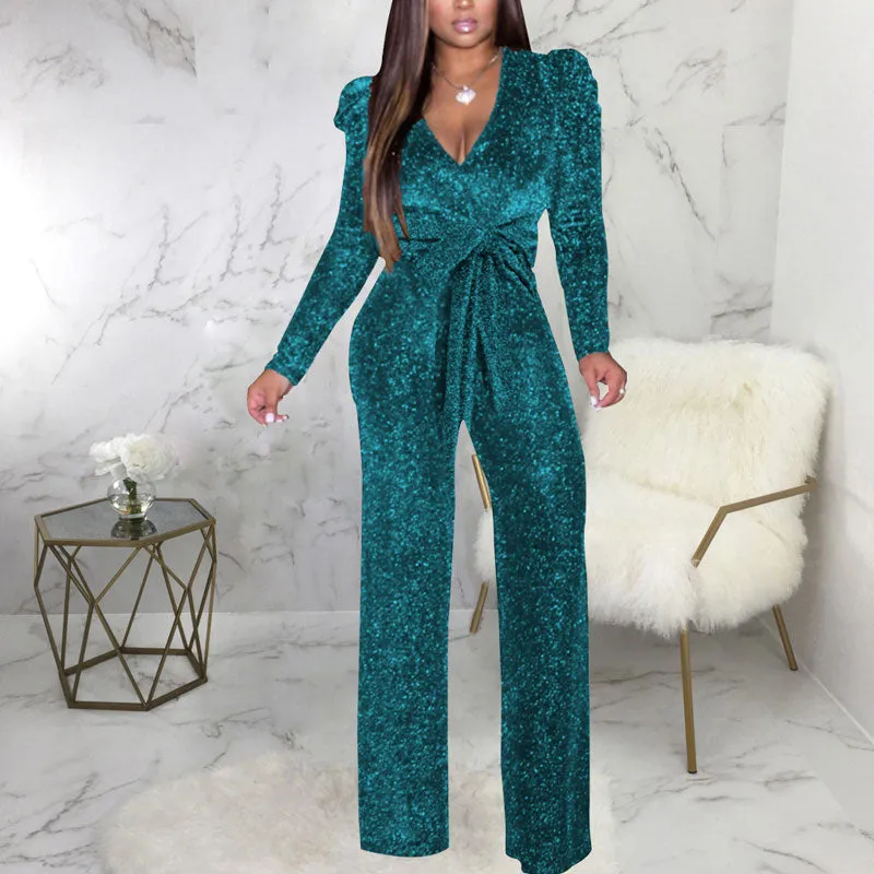 Glitter V-Neck Long Sleeeve Straight Leg Jumpsuit