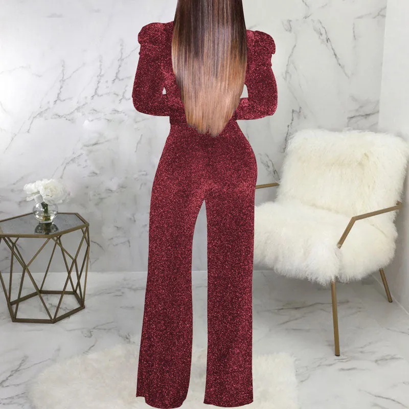 Glitter V-Neck Long Sleeeve Straight Leg Jumpsuit