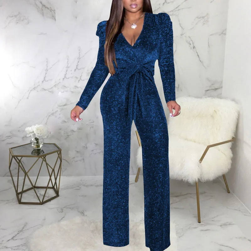 Glitter V-Neck Long Sleeeve Straight Leg Jumpsuit
