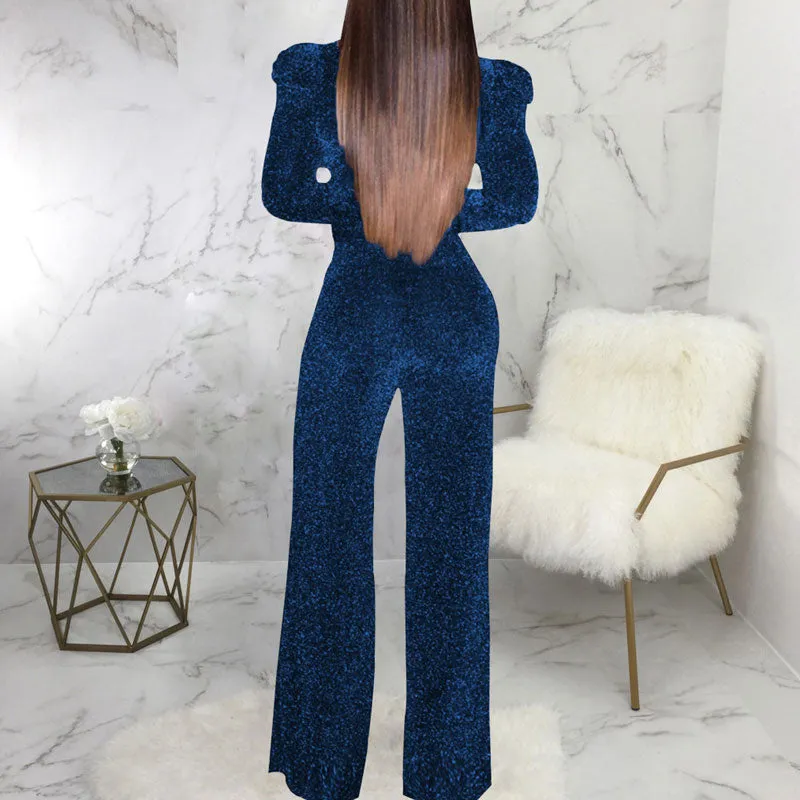 Glitter V-Neck Long Sleeeve Straight Leg Jumpsuit