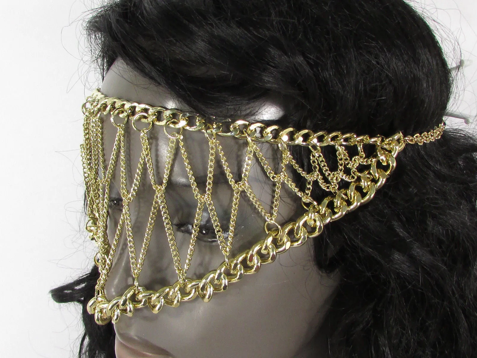 Gold Metal Head Chain Eye Cover Half Face Elastic Mask Thick Halloween