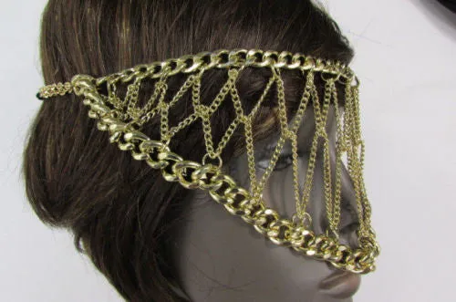 Gold Metal Head Chain Eye Cover Half Face Elastic Mask Thick Halloween