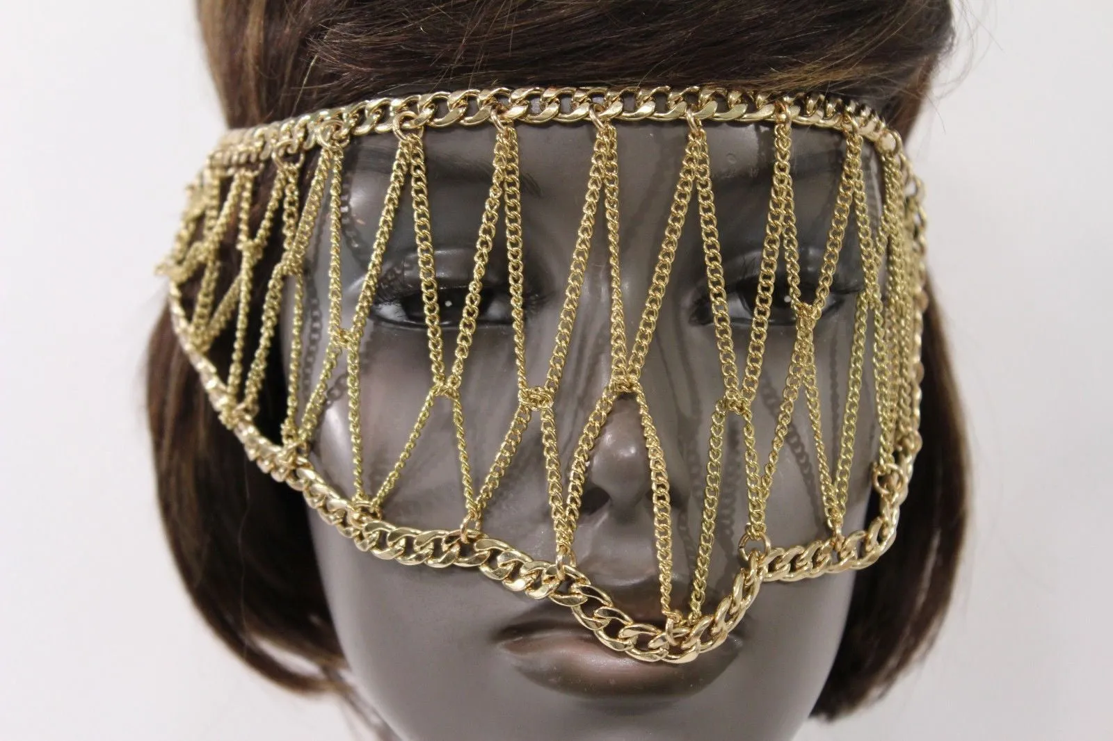Gold Metal Head Chain Eye Cover Half Face Elastic Mask Thick Halloween