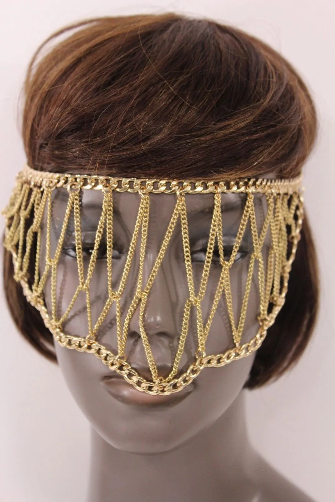 Gold Metal Head Chain Eye Cover Half Face Elastic Mask Thick Halloween