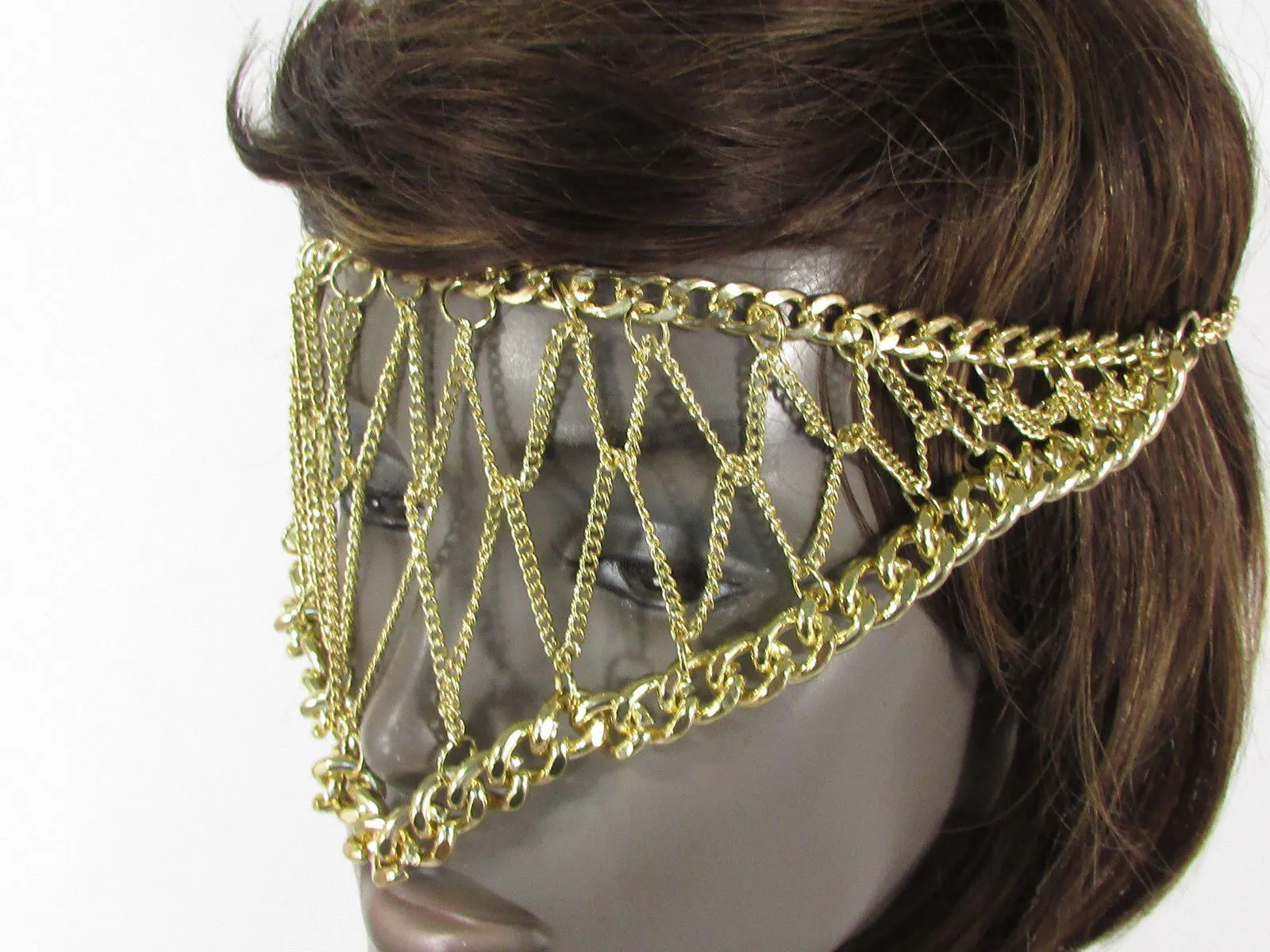 Gold Metal Head Chain Eye Cover Half Face Elastic Mask Thick Halloween