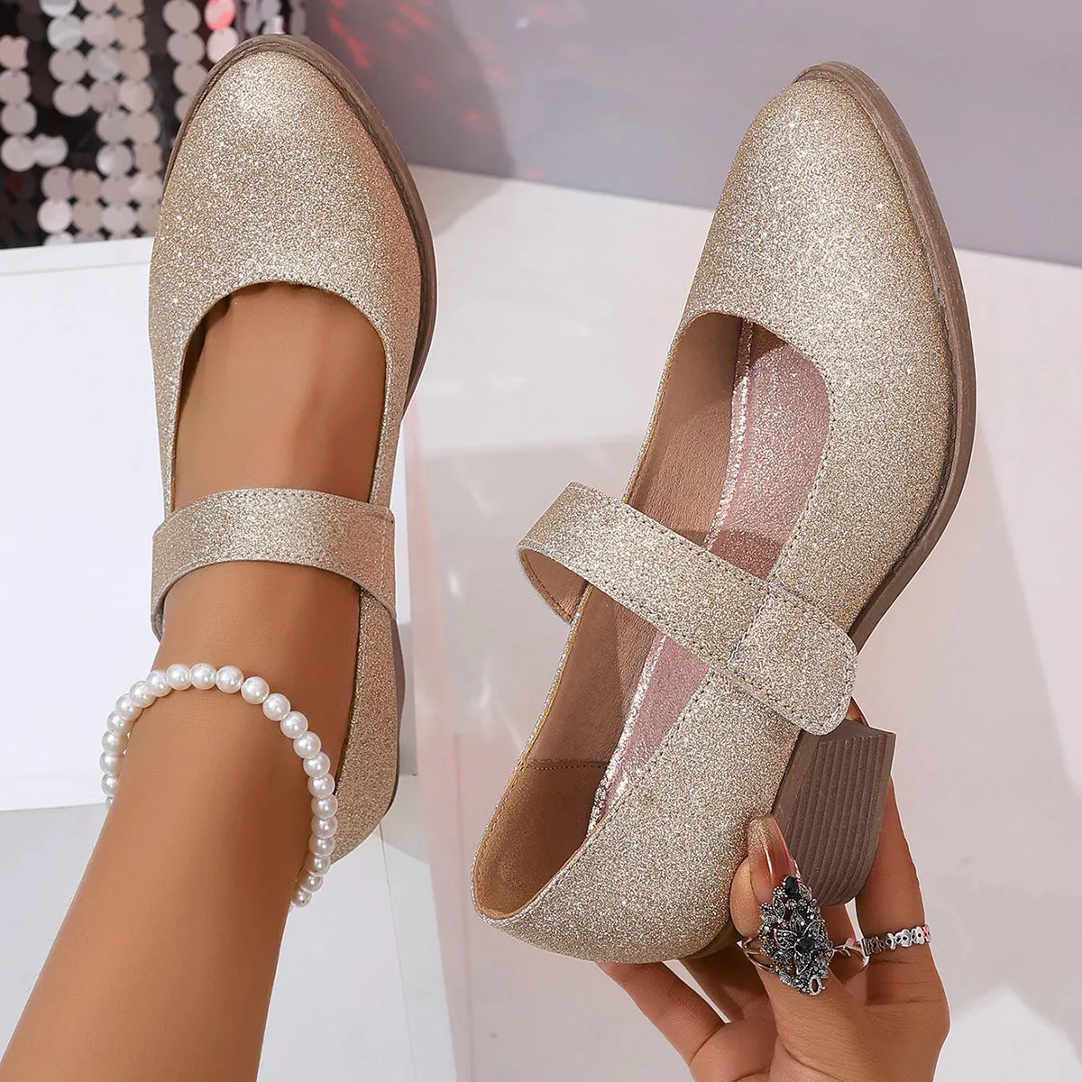 Gold Velcro Simple And Convenient Women's Pumps High Heel