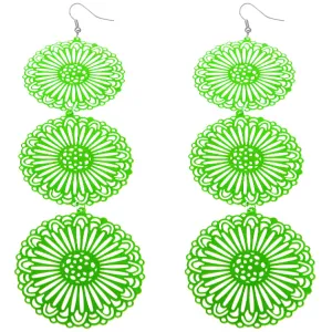 Green Long Triple Sunburst Dangle Earrings
