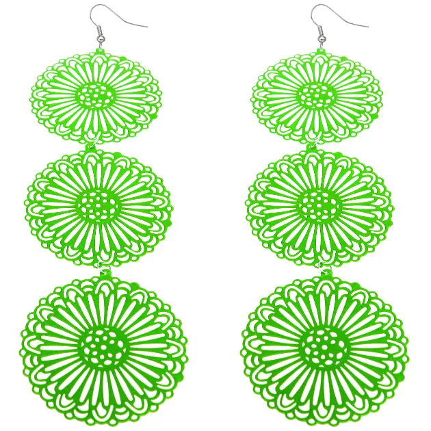 Green Long Triple Sunburst Dangle Earrings