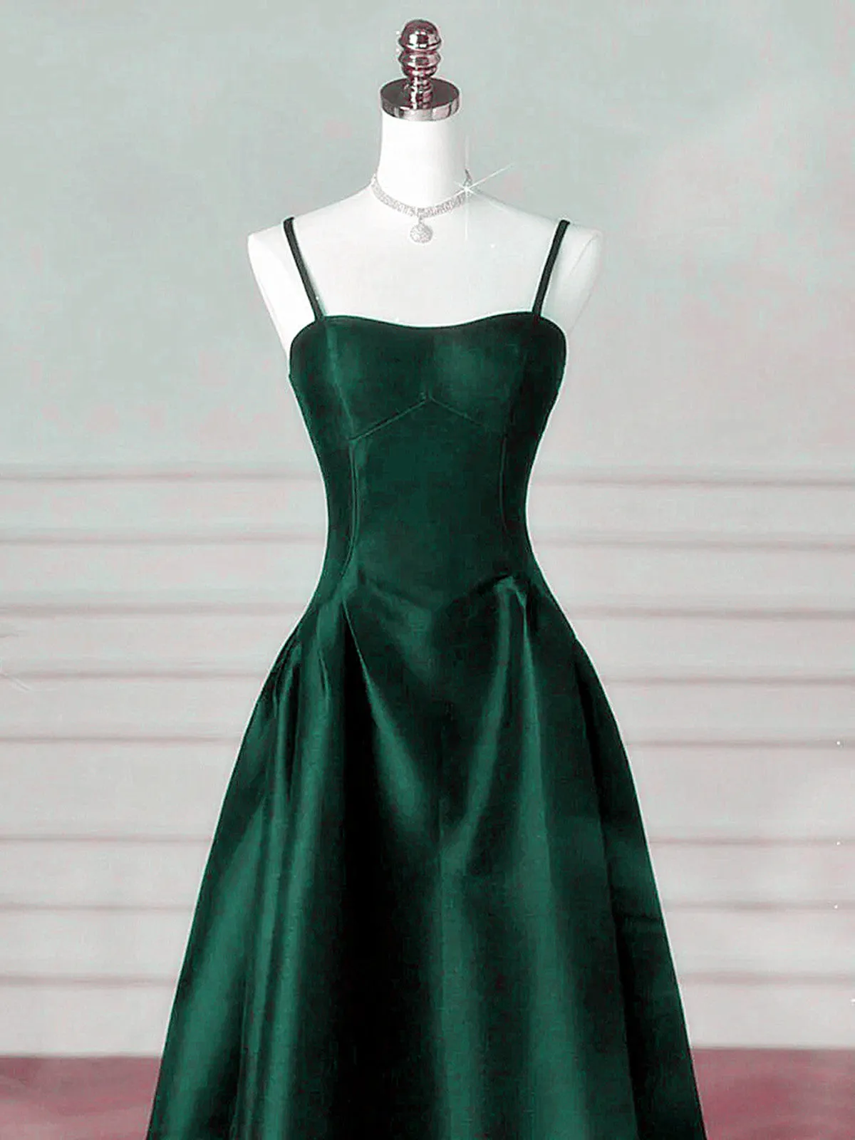 Green Satin Simple A-line Floor Length Party Dress, Green Satin Straps Prom Dress